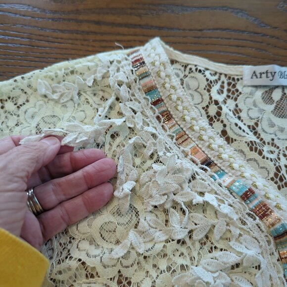 Arty Blush‎ Lace Boho Tunic Flutter ruffle short sleeve Beige Bohemian Gypsy S/M - Picture 7 of 14